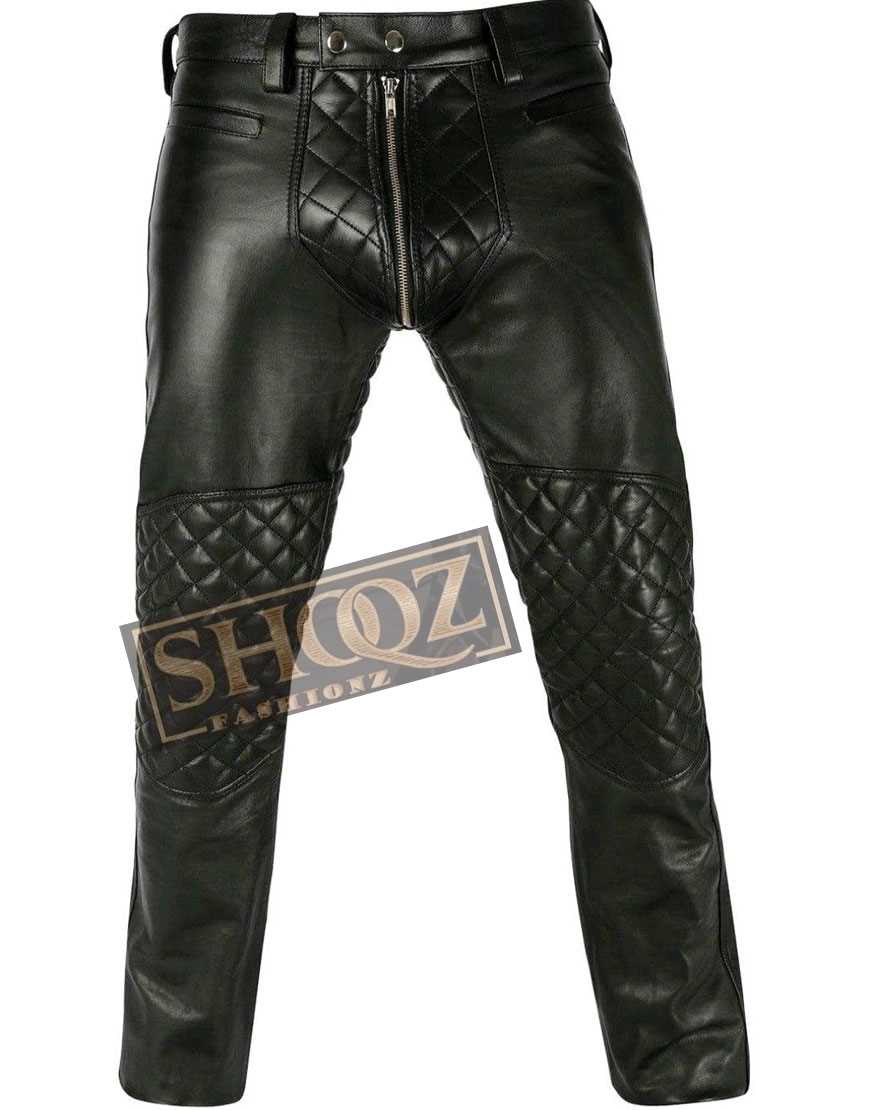 Mens Biker Leather Quilted Panel Interest Leather Pant